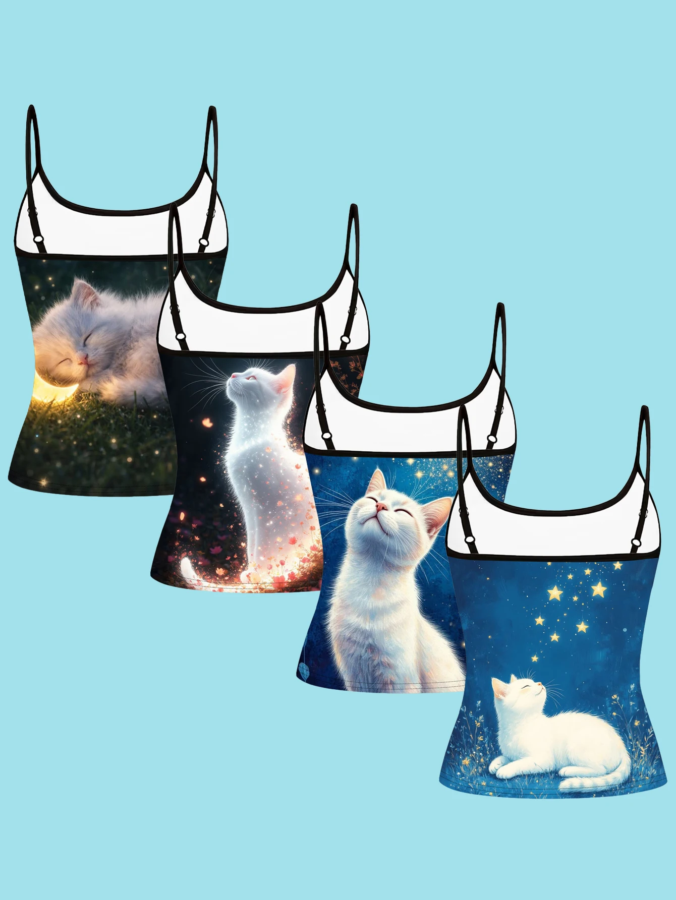 4-Piece Set with Healing White Cat Pattern Camisole Set, Night Sky Star Print Slim-Fit Women's Short Tank Top