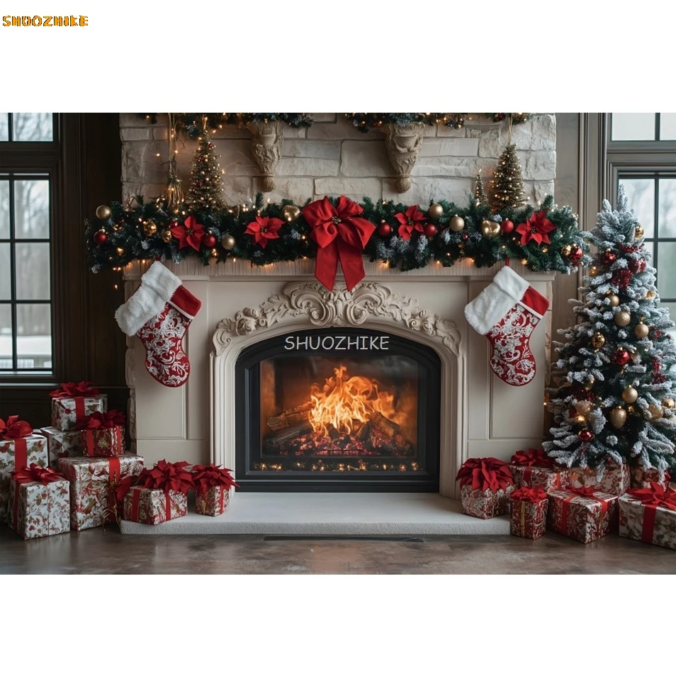 Fireplace Backdrop Burning Fire Xmas Tree Gifts Family Christmas Party Photography Background Decor Photo Studio Photoshoot Prop