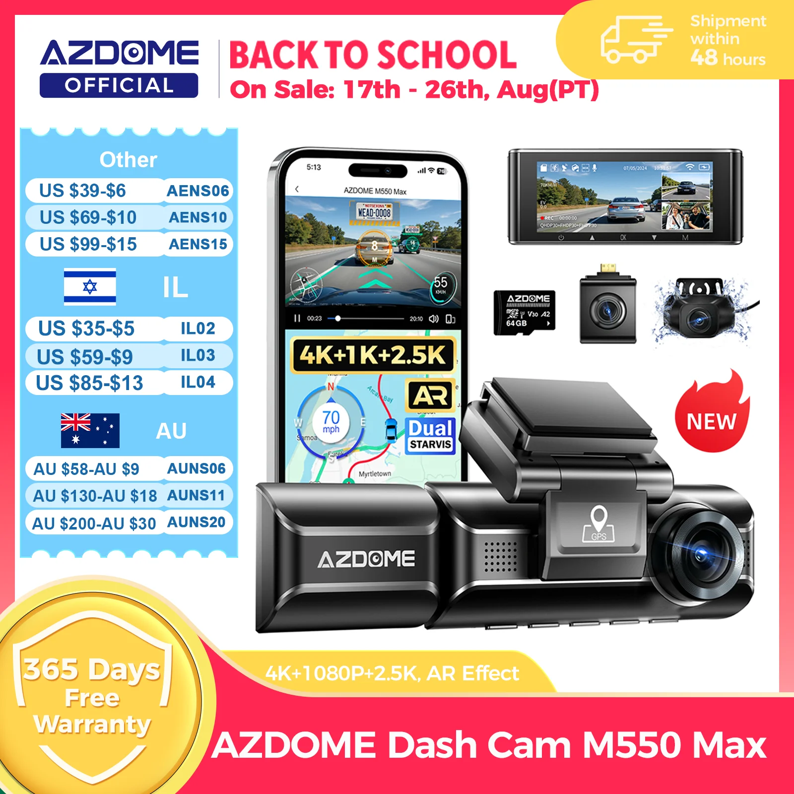 AZDOME M550 Max Dash Cam 4K + 1K + 2,5K Integrierte GPS WiFi 150FOV Auto Kamera 24H Parkplatz Monitor Nachtsicht Dash Cam Für Autos