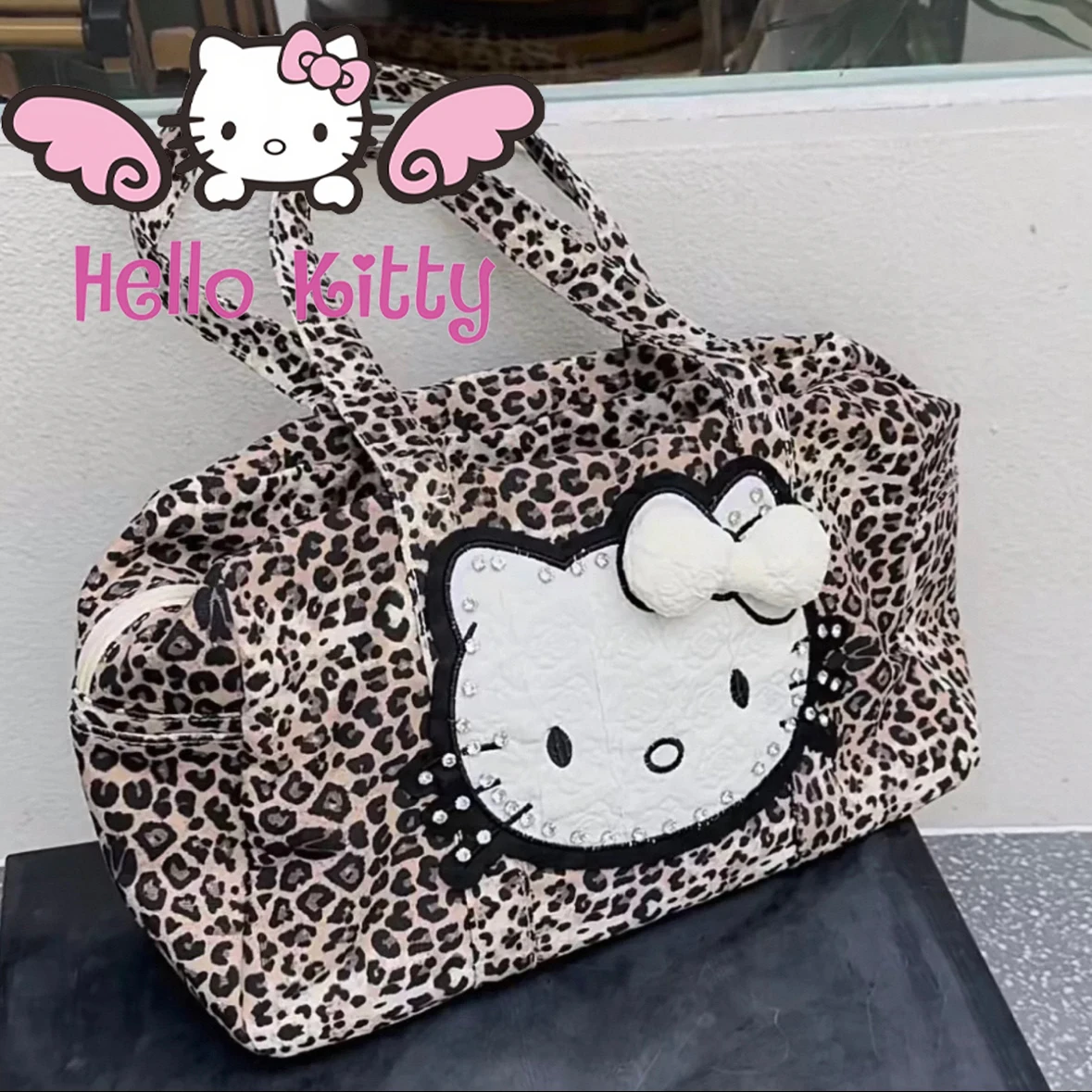 

Сумка-тоут My Kitty в стиле ретро Hellokitty с леопардовым принтом, женская сумка высокого качества с бриллиантами для йоги и фитнеса, большая вместительная каваи