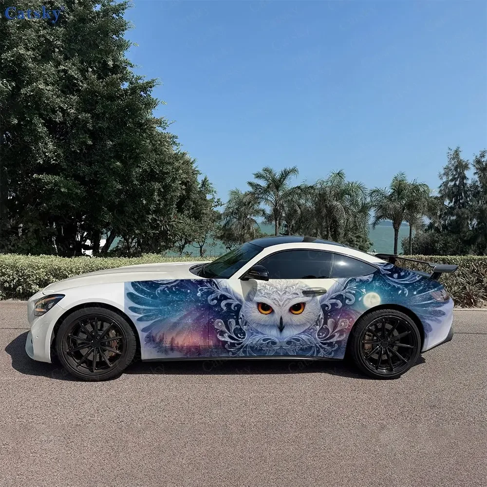 2pcs Moonlight White Owl Car Side Wraps, Self-Adhesive PVC Waterproof & Scratch-Resistant Stickers, Car Accessory Gift