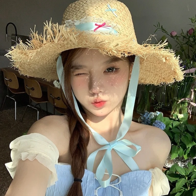 

Sweet Raffia Straw Hat Handmade Frayed Edge Sun Hat with Blue Ribbon Bow Lace Trim Summer Beach Vacation UV Protection Cap