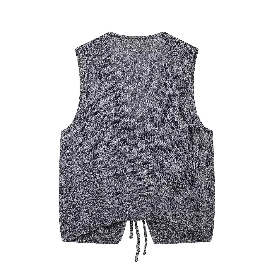 Tangada 2024 Fashion Women Gray Bow Knitted Sweater Jumper Sleeveless Cropped Cardigan BE0241