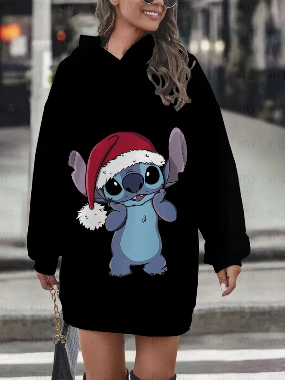 New Disney Stitch print hooded skirt women\'s casual street sweater dress Christmas loose series casual autumn and winter hoodie