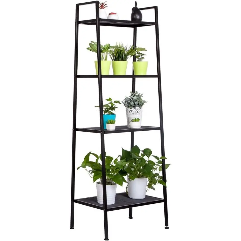 

4-Tier Leaning Bookshelf - Black, Standing Storage for Home or Office