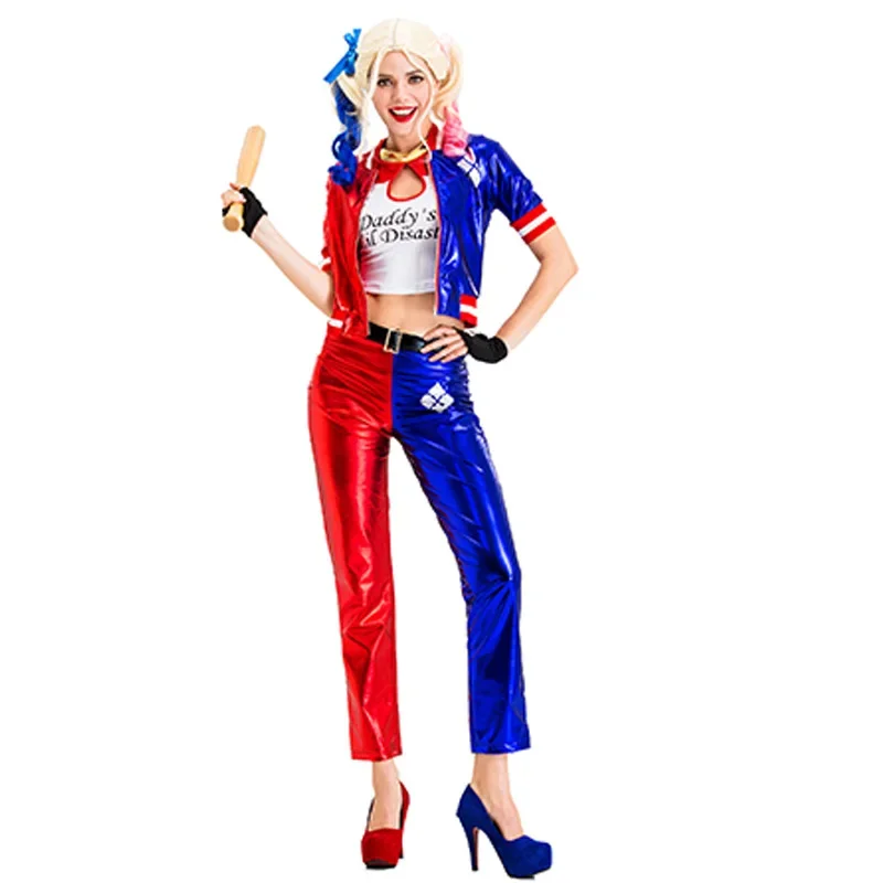 

Clown Costume Women Harley Clown Cosplay Movie Punk Clown Comic Show Drama Stage Costumes Blue Red Cropped Top Coat Gloves Pants