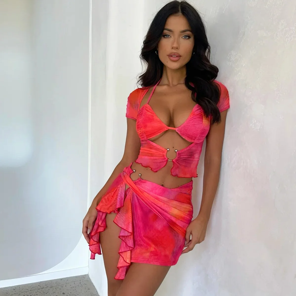 

2023 Fashion Tie Dye Dress Set Club Party Two Piece Outfits Women Sexy Backless Crop Top and Ruffle Mini Skirt Suit Summer