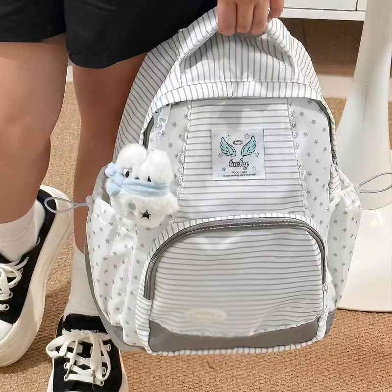 

Japanese Harajuku Star Print Daypack Women Large Capacity Stripe Daypack Ladies Everyday Commuter Lightweight Mochilas Mujer New