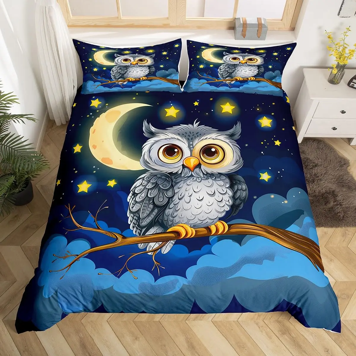 Cartoon Owl Bedding Set King Queen Cute Animal Starts Comforter Cover Outer Space Duvet Cover Kids Girls Bedroom Quilt Cover