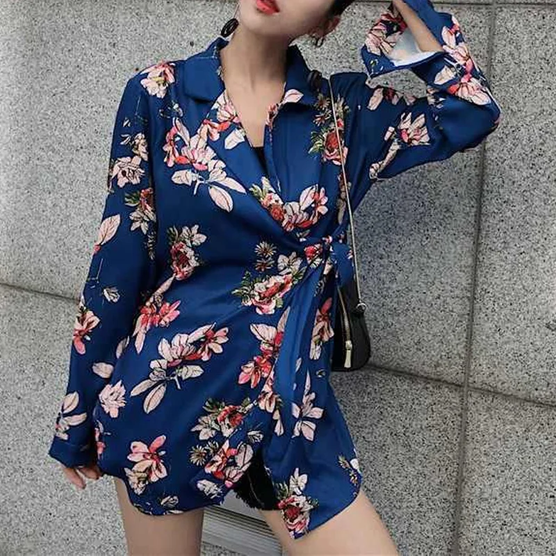 2023 Spring and Autumn Women's Fashion Loose Casual Split Lace Up Waist Versatile Long Sleeve Chiffon Printed Shirt Suit Coat