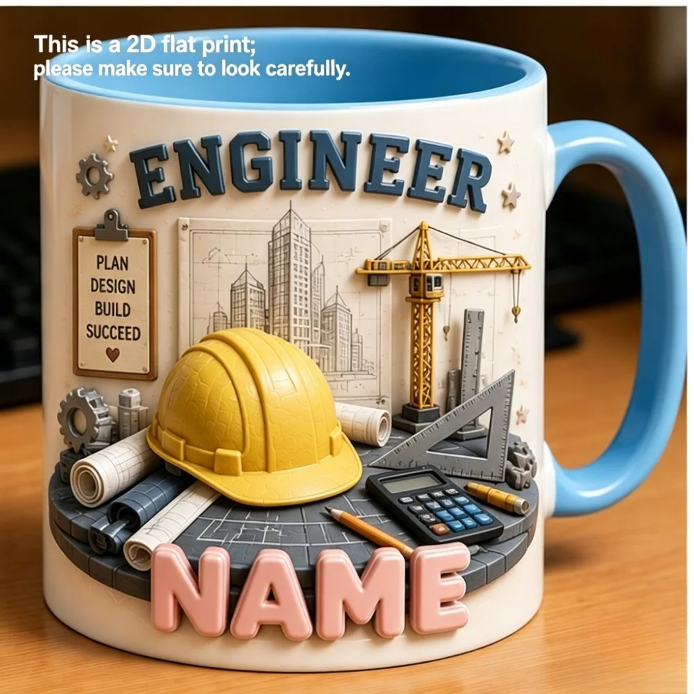 Creatieve keramische koffiemok met een technisch thema, platte 2D-print met een constructiepatroon van een veiligheidshelm, gepersonaliseerde mok met naam als cadeau.
