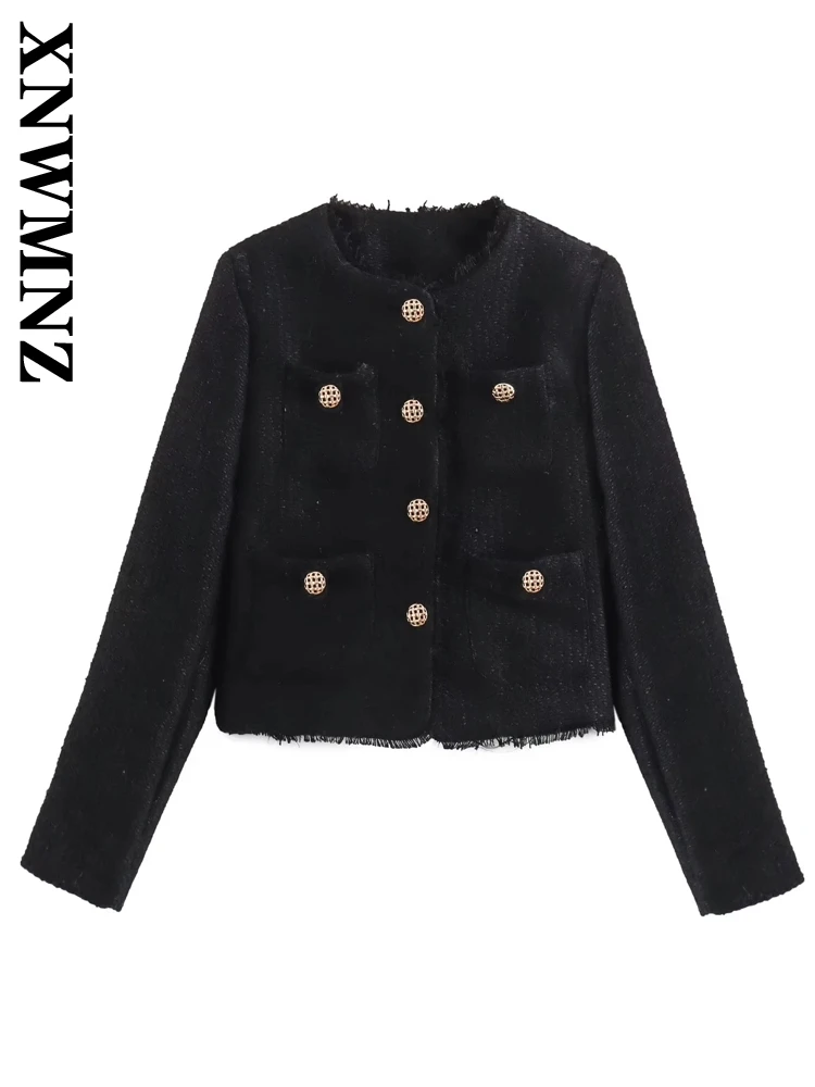 XNWMNZ 2024 New Autumn Woman's Casual O-Collar Single-breasted Jacket Coat Female Fashion Long Sleeve Solid Color Pockets Top