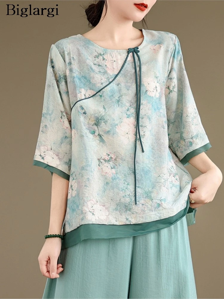 

Oversized Summer Chinese Style Tops Women Flower Floral Print Elegant Fashion Patchwork Ladies Blouses Loose Woman Tops