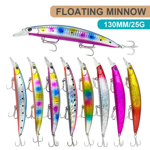 Imagen 2 del producto Señuelo de pesca Minnow Wobbler 130F, 13cm, 25g, fundición larga, flotante, agua de mar, cebo duro Artificial, Jerkbait, lubina, MN682