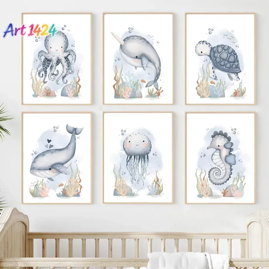 1pc frameless Canvas painting Cartoon Cute Whale Octopus Turtle Seahorse Ocean Animals Posters Prints Canvas Painting Wall Ar