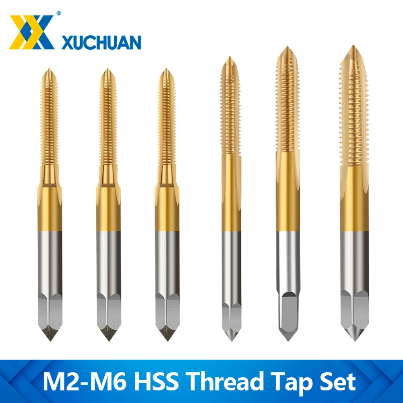 6Pcs HSS Machine Thread Taps 6542 Titanium Coated Straight Flute Metric Screw Taps M2 M2.5 M3 M4 M5 M6