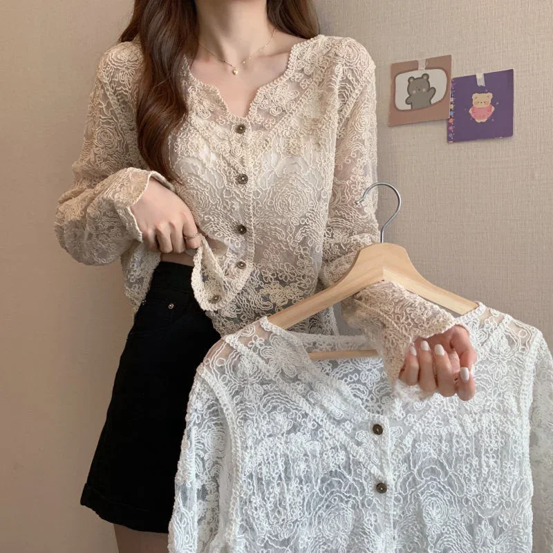 Lace Shawl Women\'s Summer Coat Thin Short Cardigan Loose Vintage Clothes for Women Tops Shirts Blouses