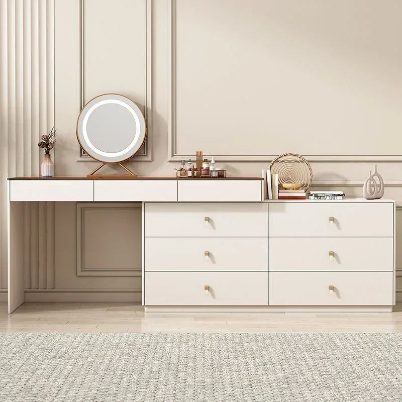 Meja Rias Modern dengan Cermin Menyala LED, Meja Rias Sudut Mewah 6 Laci, dan Rak Meja Rias Penyimpanan Besar