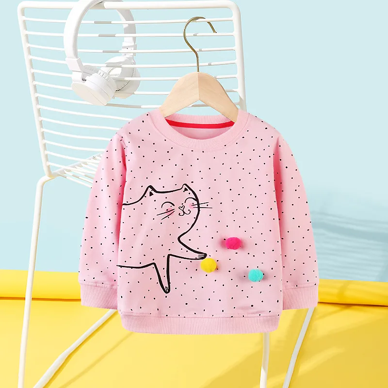 2025 Spring Autumn Children Girls Undershirt Cotton Cat Dot Print Infant Babys Girl Tees Loose Round Collar Little Girl T-shirts