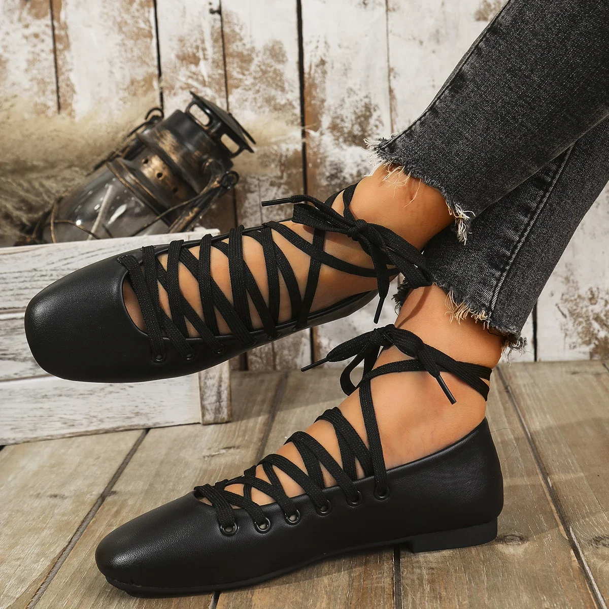 Outdoor Elegant Lightweight Lace Up Shoes Women Casual Ankle Strap Comfortable Square Toe Flats loafers 2024 Shoes for Women