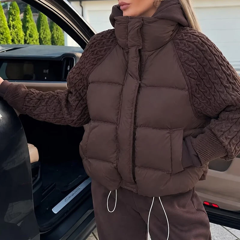 Retro Patchwork Button Bread Outerwear Winter High Street Solid Women Down Coat Casual Stand Collar Long Sleeved Fluffy Jacket