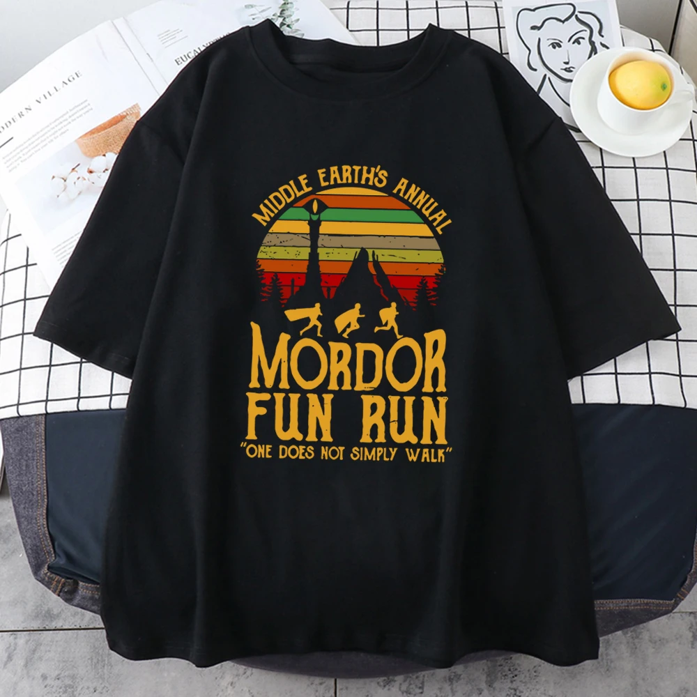 Middle Earth\'s Annual Mordor Fun Run Print Mans T Shirts Crewneck Vintage Breathable Tee Clothing Loose All-math Men Cotton Tops