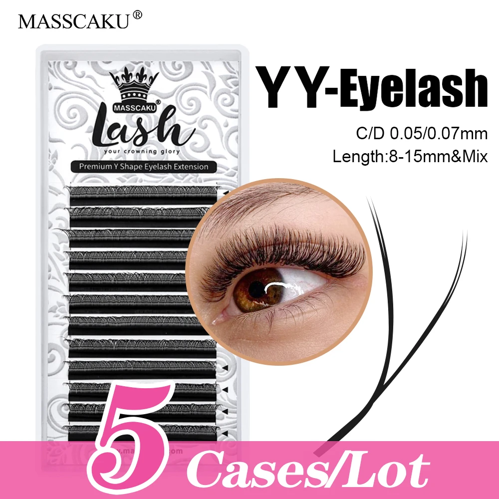 

12 Lines 5cases/lot MASSCAKU C/D Curl Rapid Grafting YY Shape Eyelash 8-15mm Mix Length Fluffy Double Tips Y Design Lashes Trays