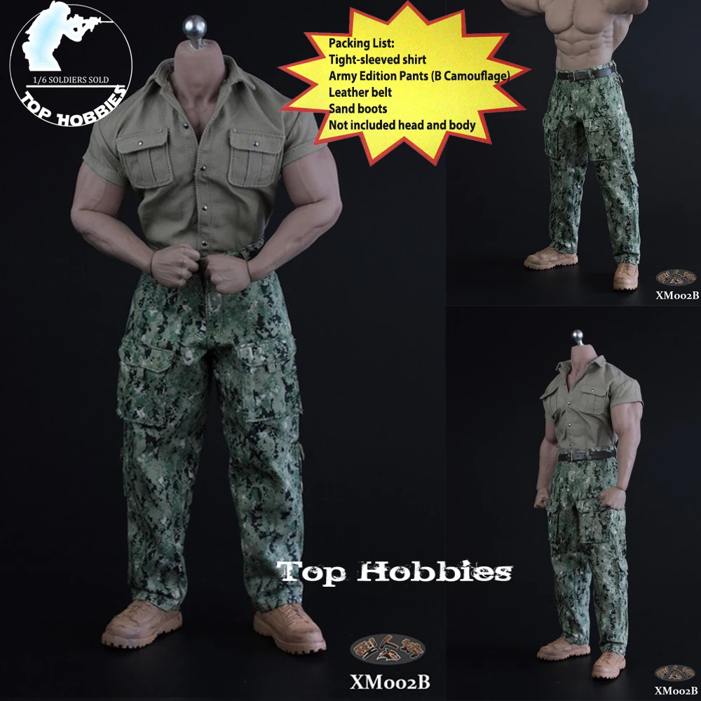 

XM02B 1/6 Scale Explorer Male Tight Short Sleeves Shirt Leisure Pants Clothing Set Combat Boots Suit Fit 12” M34 M35 Muscle Body