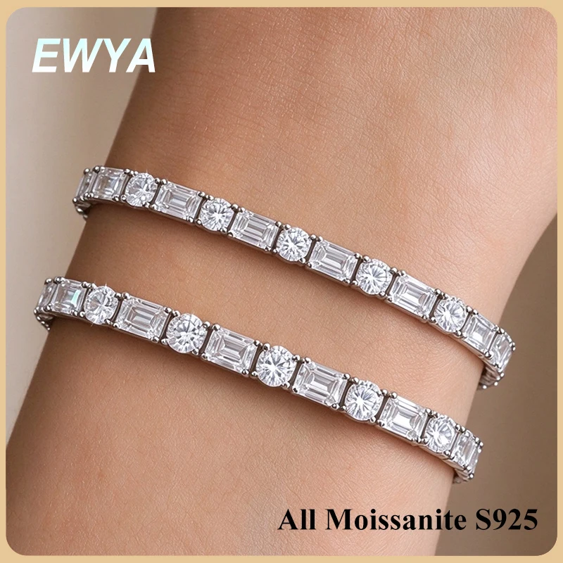 EWYA All Round Emerald Cut Moissanite Tennis Bracelets for Women S925 Silver Lab Diamond Bangle Bridal Party Wedding Jewelry