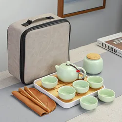 Traditional Chinese Enamel Tea Set Portable Ceramic Tea With 1 Teapot 6 Cup Tray Bag Lazy Susan Teaware Gift For Tea Enthusiasts