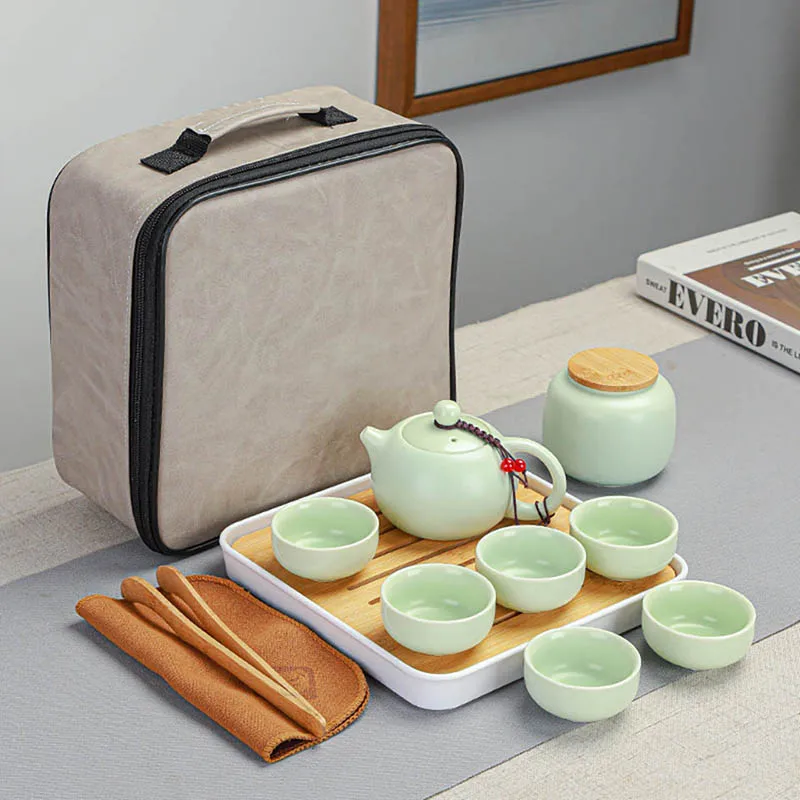 Traditional Chinese Enamel Tea Set Portable Ceramic Tea With 1 Teapot 6 Cup Tray Bag Lazy Susan Teaware Gift For Tea Enthusiasts