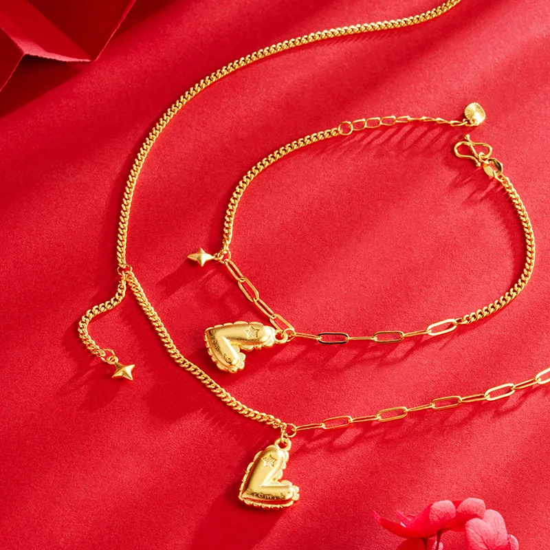 Minimal heart necklace and bracelet set for women gold plated 3d love pendant long lasting color romantic gift lucky blessing