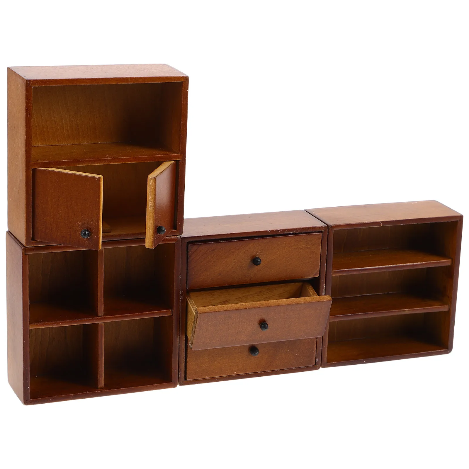 4pcs Realistic Walnut Mini Dollhouse Furniture Set – Wooden Cabinet & Accessories for Kids, Christmas Gift