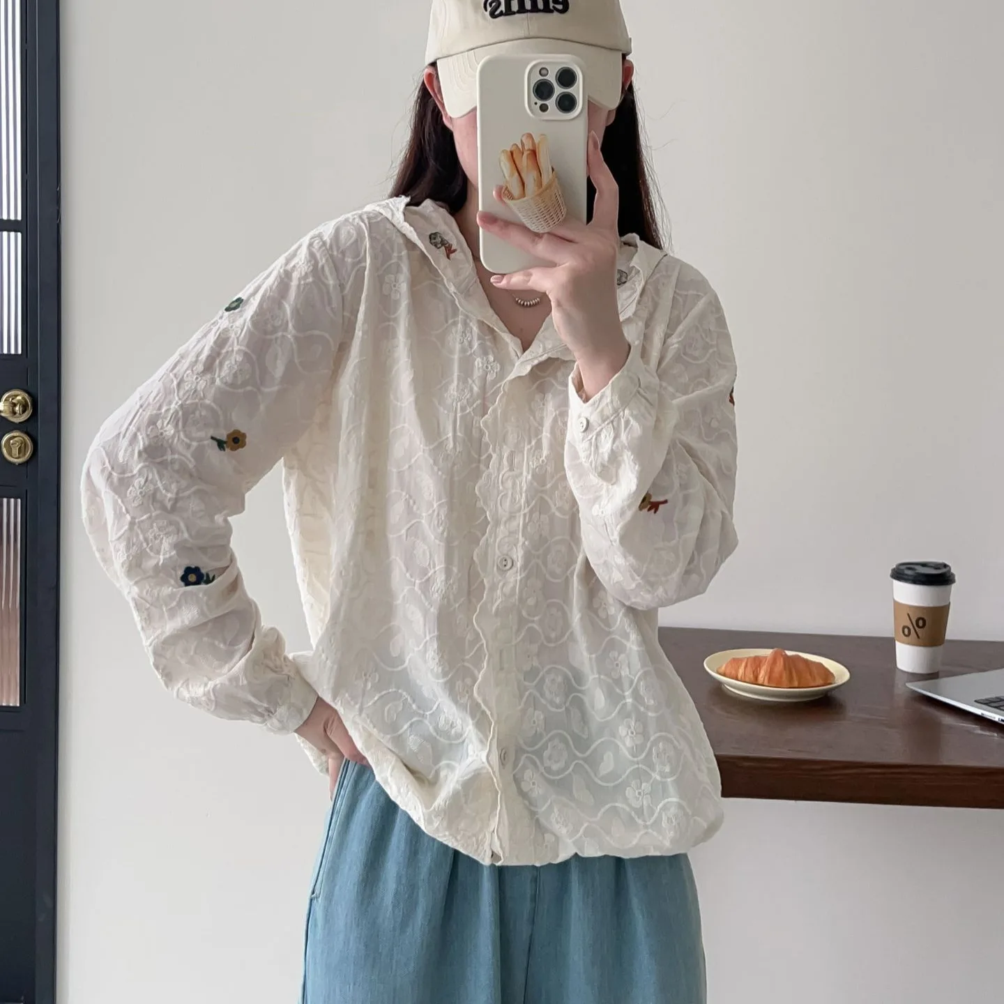 Mori kei clothing cotton white beige lace embroider hoodies for women Japan stye sweet long sleeve hooded shirts and blouses