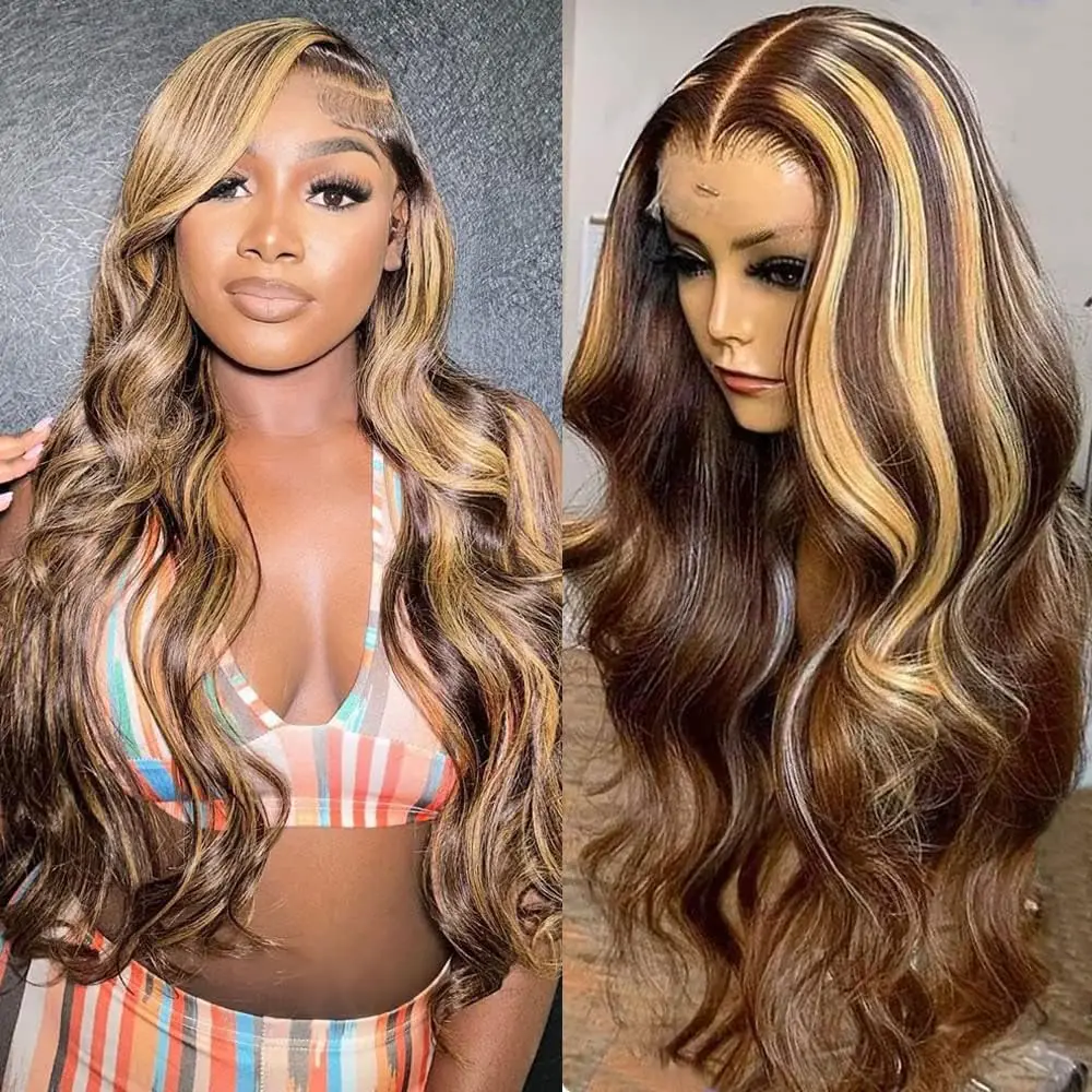 

Парик из натуральных волос 13x6 HD с кружевной передней частью, 4/27, с мелированием, омбре, волнистый, медово-русый, с кружевным фронтом