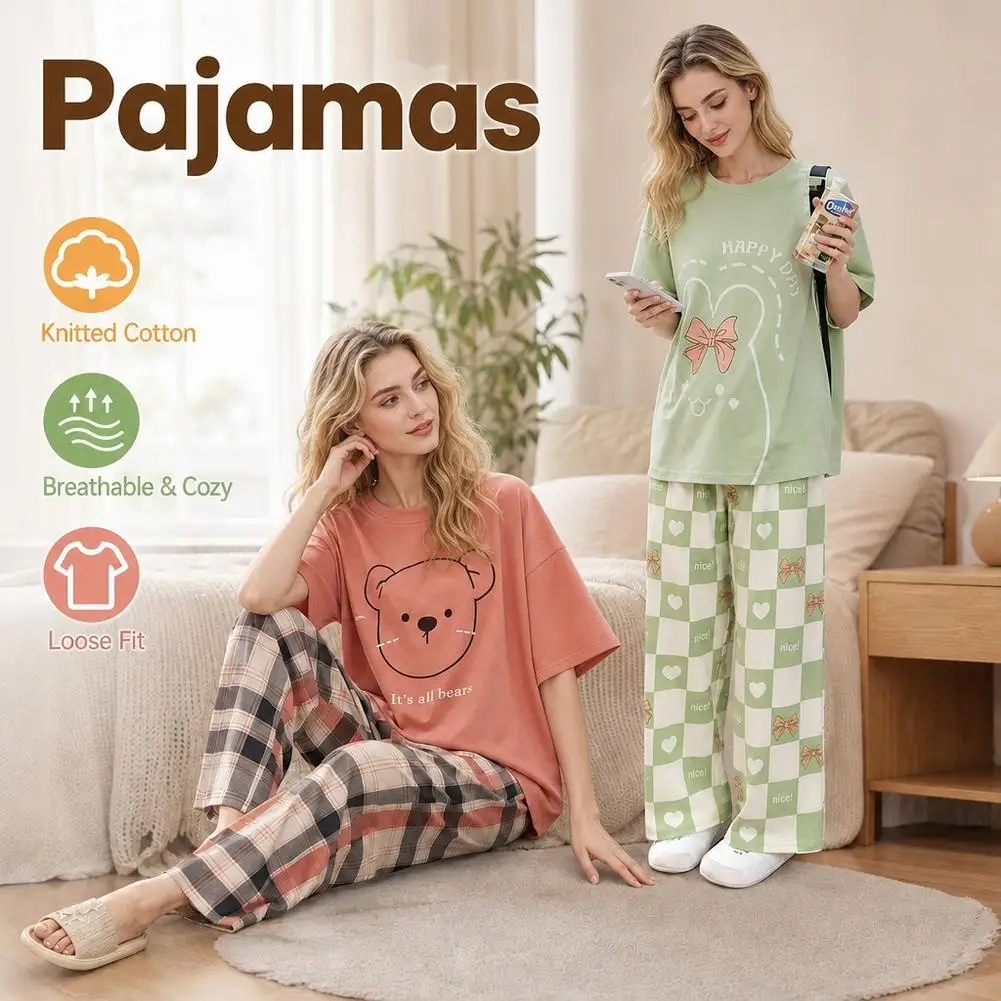 2-Piece Women Pajamas Set New Trousers Loose Casual O-Neck Home Wear Set Autumn and Winter Cartoon Bear Xmas Long Sleeve Pajamas image 2