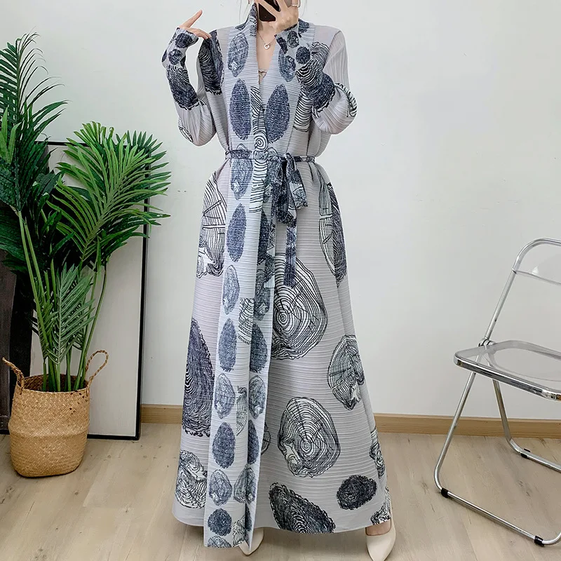 

abaya Ethnic Style Print, Pleated, Large Lapel, Lace-up, Cardigan, Top, Miyake, Summer