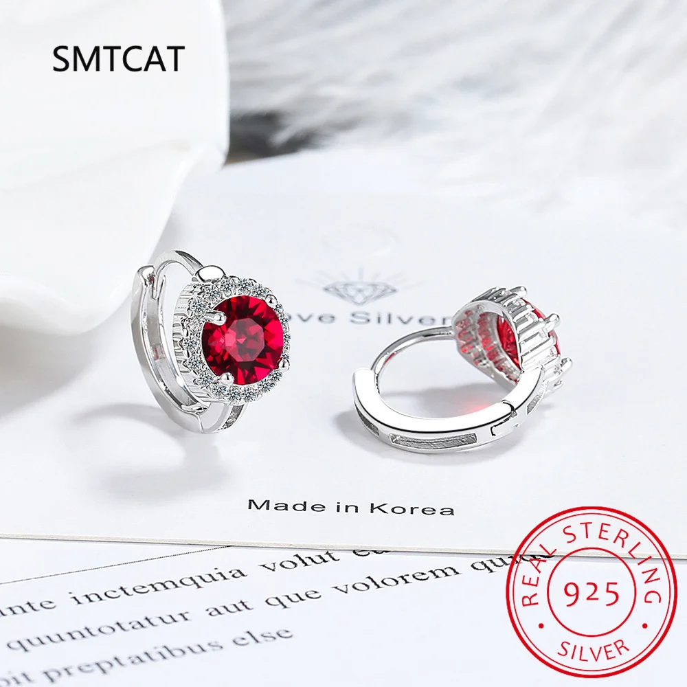 Round Genuine Red Garnet 925 Sterling Silver Hoop Earrings for Women Fashion Engagement Jewelry Ruby Birthstone Huggies