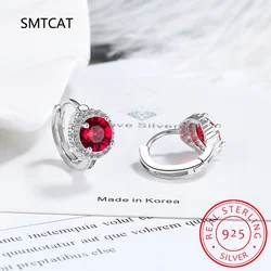 Round Genuine Red Garnet 925 Sterling Silver Hoop Earrings for Women Fashion Engagement Jewelry Ruby Birthstone Huggies