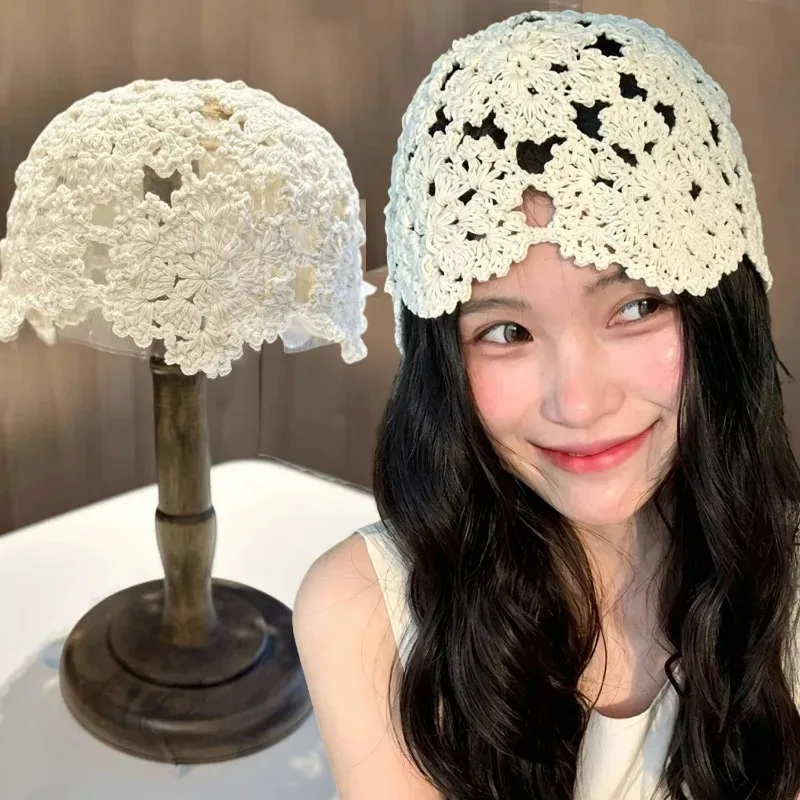 Women Crochet Beanie Summer Spring Floral Openwork Knit Hat Cotton Yarn Breathable Lightweight Vintage Style SlouchyCap Artistic
