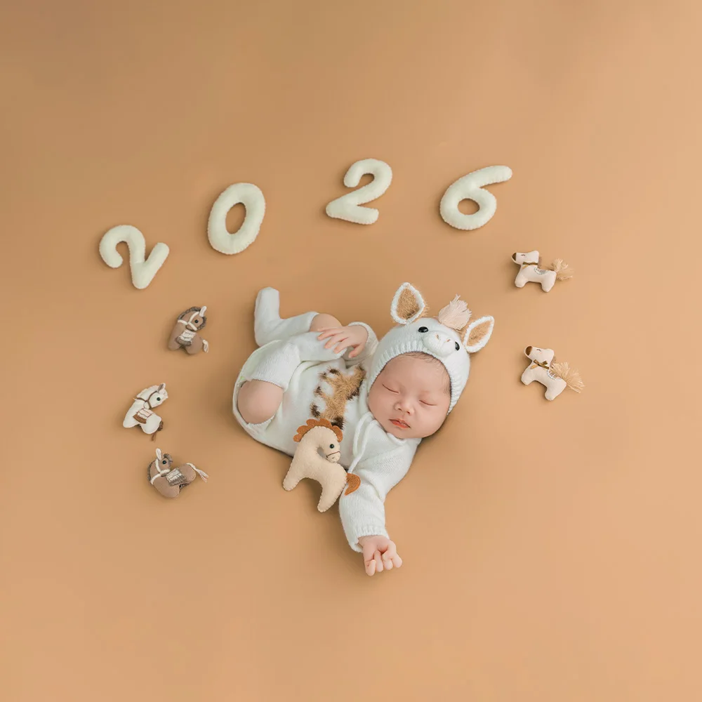 Pony Theme Newborn Photography Props Soft Knitted Romper+hat 2026 Felt Numbers Mini Stuffed Horse Doll for Studio Baby Shooting