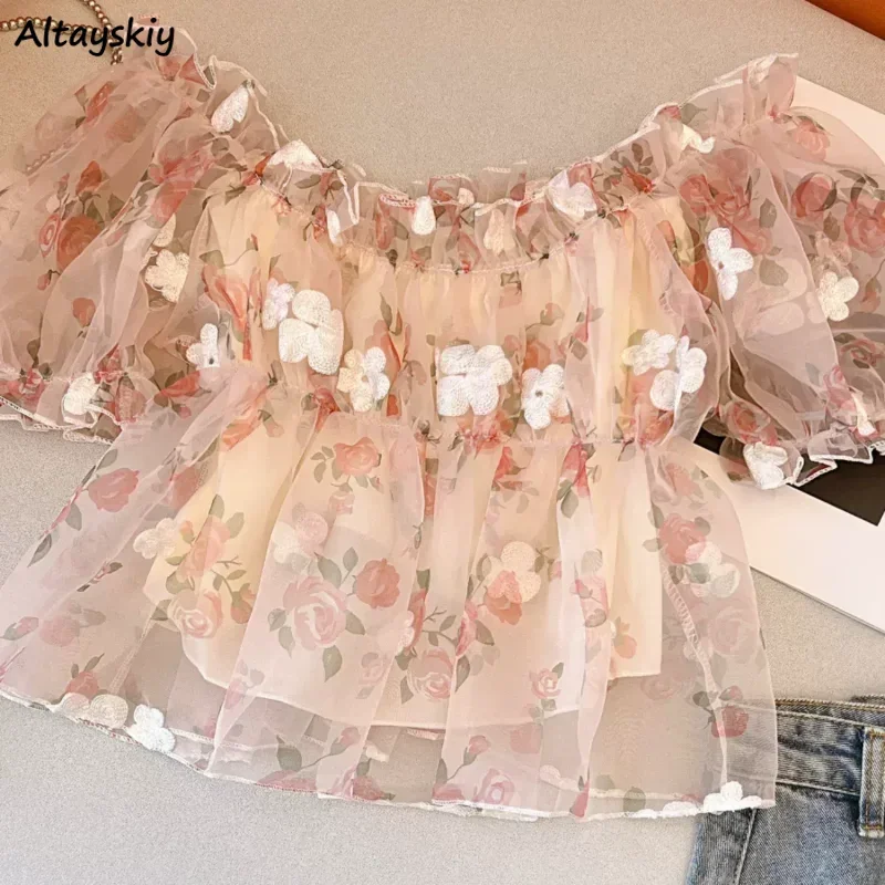 

Chiffon Blouse Women Slash Neck Floral Printed Gentle Sheer Summer Tops All-match Streetwear Hotsweet Fairycore Aesthetic New