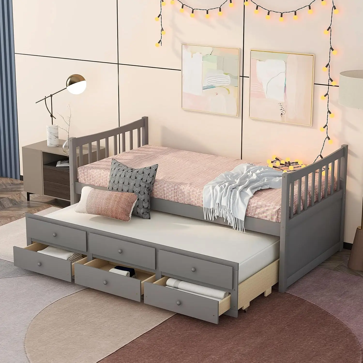 Twin Captain’S Bed Storage Daybed For Kids Guests Solid Wood Bed With Trundle And Drawers,Gray