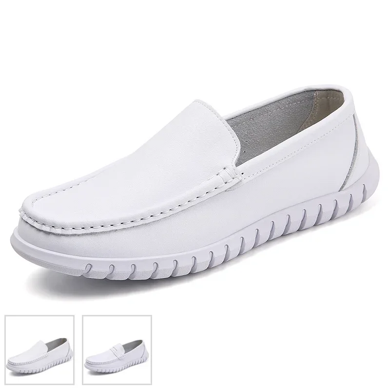 2025 Spring New White Men Casual Shoes Soft Leather Comfortable Doctor Nurse Work Flats Business Loafers Men Designer Shoes