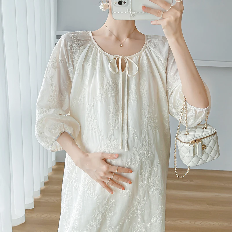 Summer Pregnant Women's French Heavy Lace Embroidered Bubble Sleeves Dress Thin Sweet Appearance 24ss Y2k Youth Pregnancy