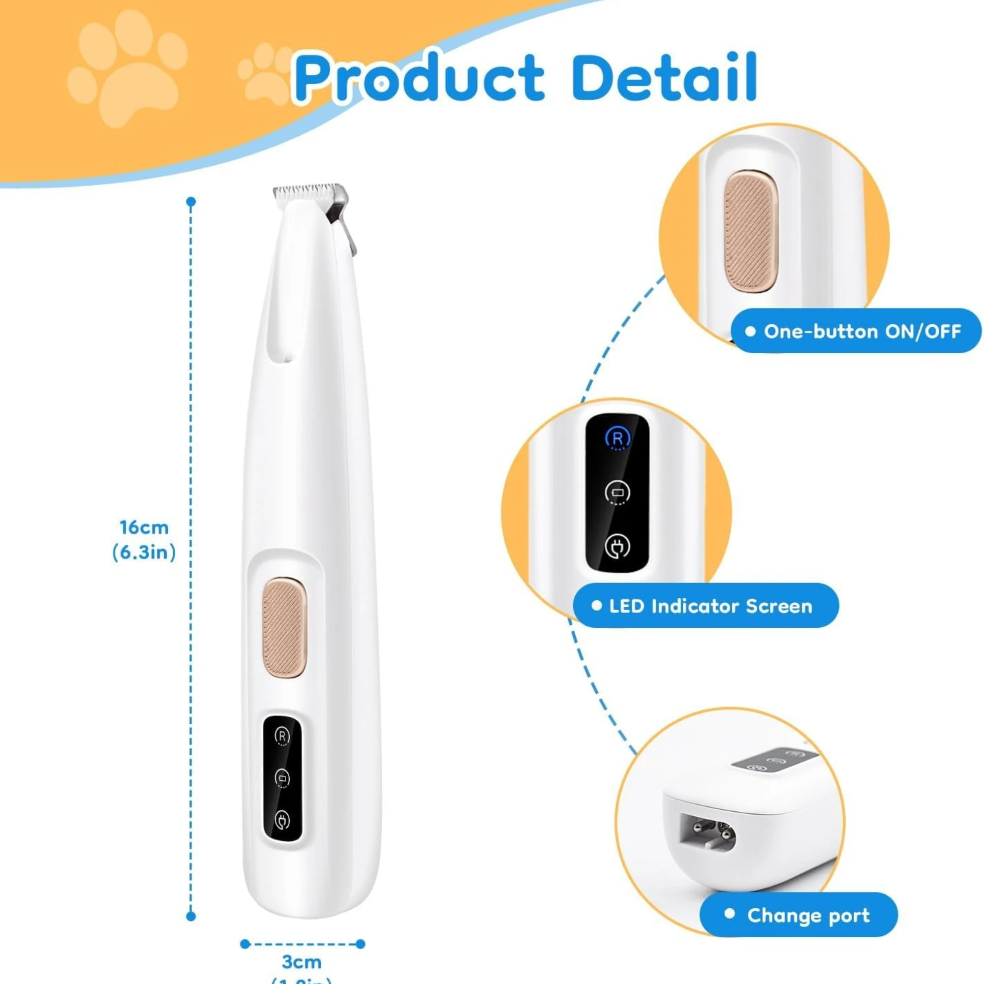 Pet Micro Precision Trimmer, Multifunctional Pet Hair Trimmer Waterproof Rechargeable Shaver with LED Light for Paws Eyes Ears F