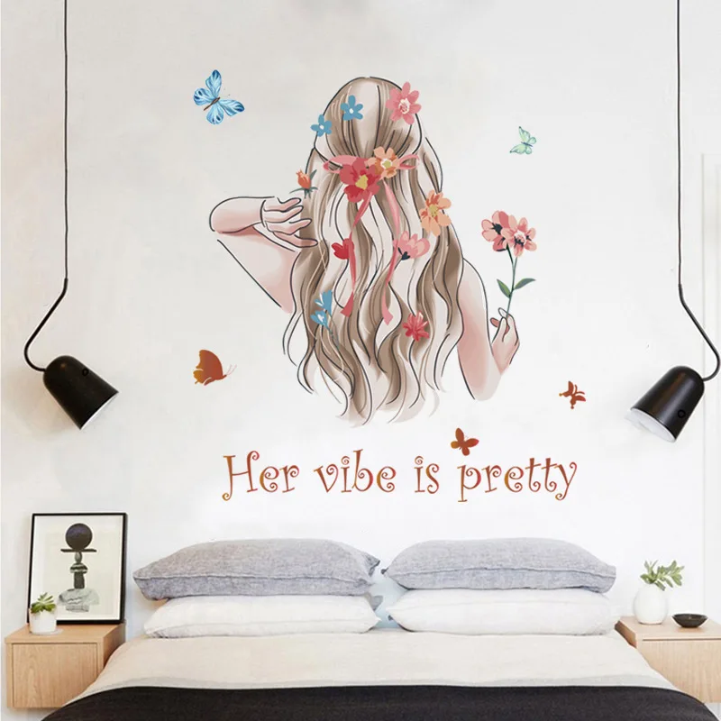 

Back Girl Butterfly Flower Wall Sticker For Bedroom Living Room Home Decor Self-adhesive Wallpaper Poster