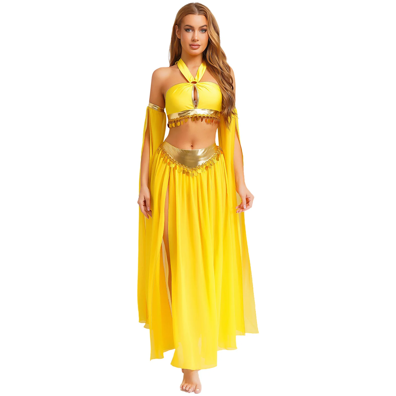 Oosterse Indiase buikdansoutfits voor dames Prestatiekostuum Crop top met pailletten aan de voorkant en ingebouwde slip Rok met zijsplitten