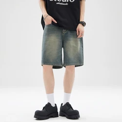 2024 Summer High Street American Retro Washed Old Denim Shorts Men's and Women's Straight Loose Cleanfit Mid pants Trendy