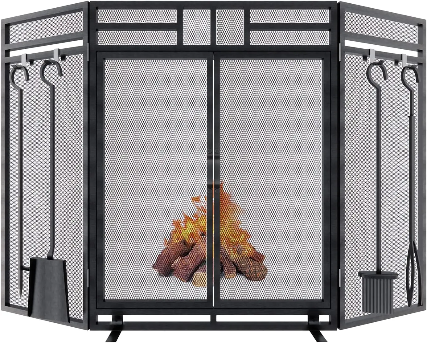 

Трехсекционный складной экран для камина с дверцами, набором инструментов, черной металлической защитной решеткой, высотой 32 дюйма, шириной 48 дюймов